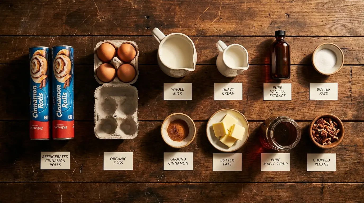 All ingredients for Cinnamon Roll Casserole, labeled