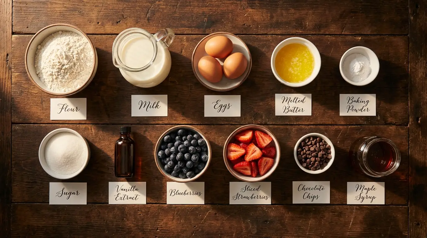 All ingredients for Sheet Pan Pancakes, labeled