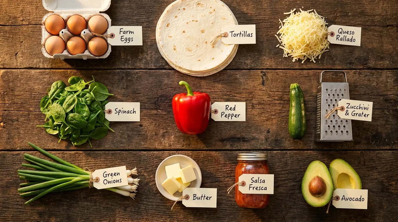 All ingredients for Veggie-Sneak Breakfast Quesadillas, labeled