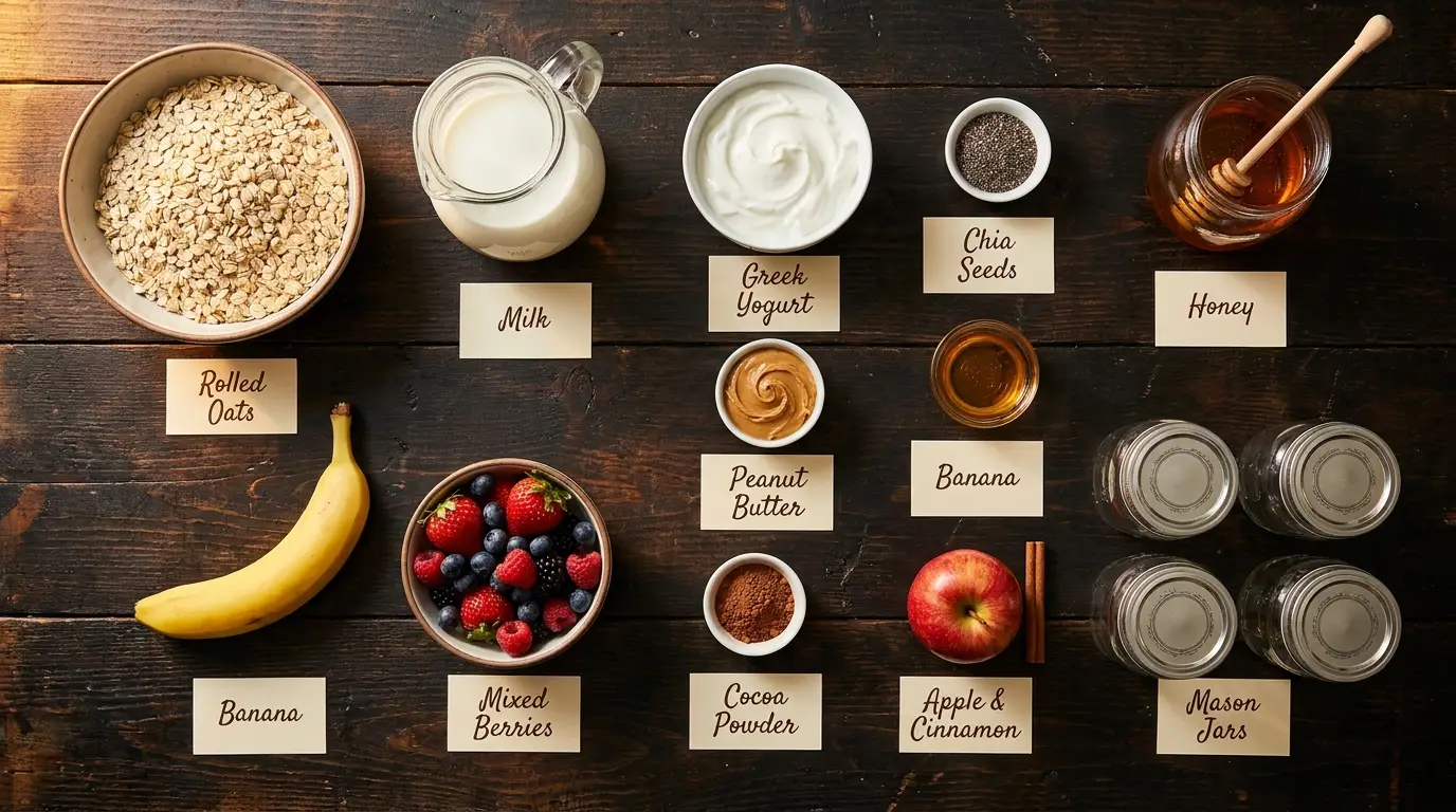 All ingredients for Overnight Oats, 4 Ways Kids Approve, labeled