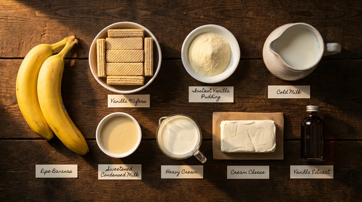 All ingredients for Banana Pudding, labeled