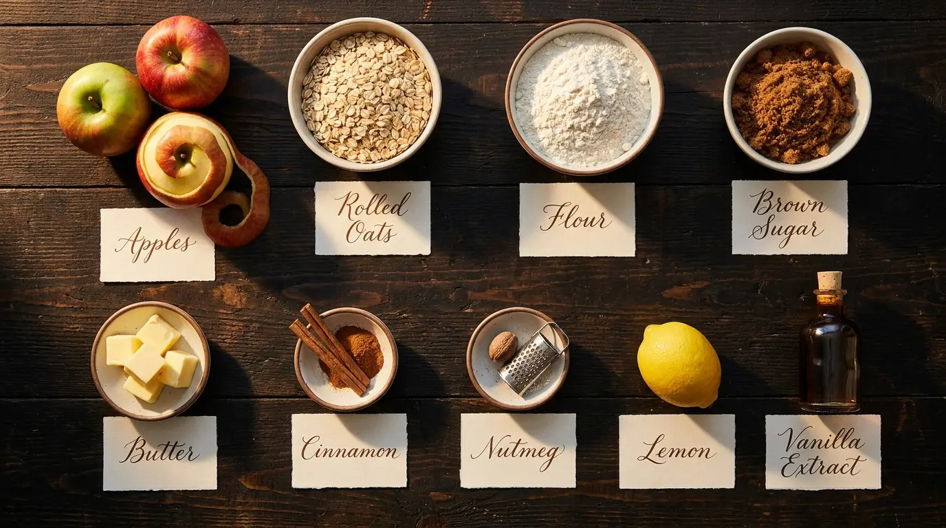 All ingredients for Old-Fashioned Apple Crisp, labeled