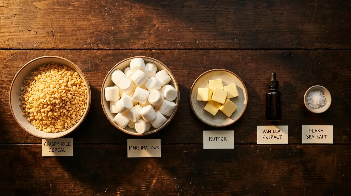 All ingredients for Brown Butter Rice Krispie Treats, labeled