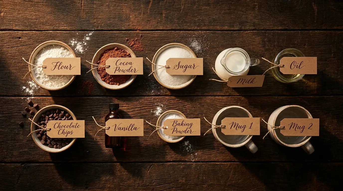 All ingredients for Chocolate Mug Cake for Two, labeled