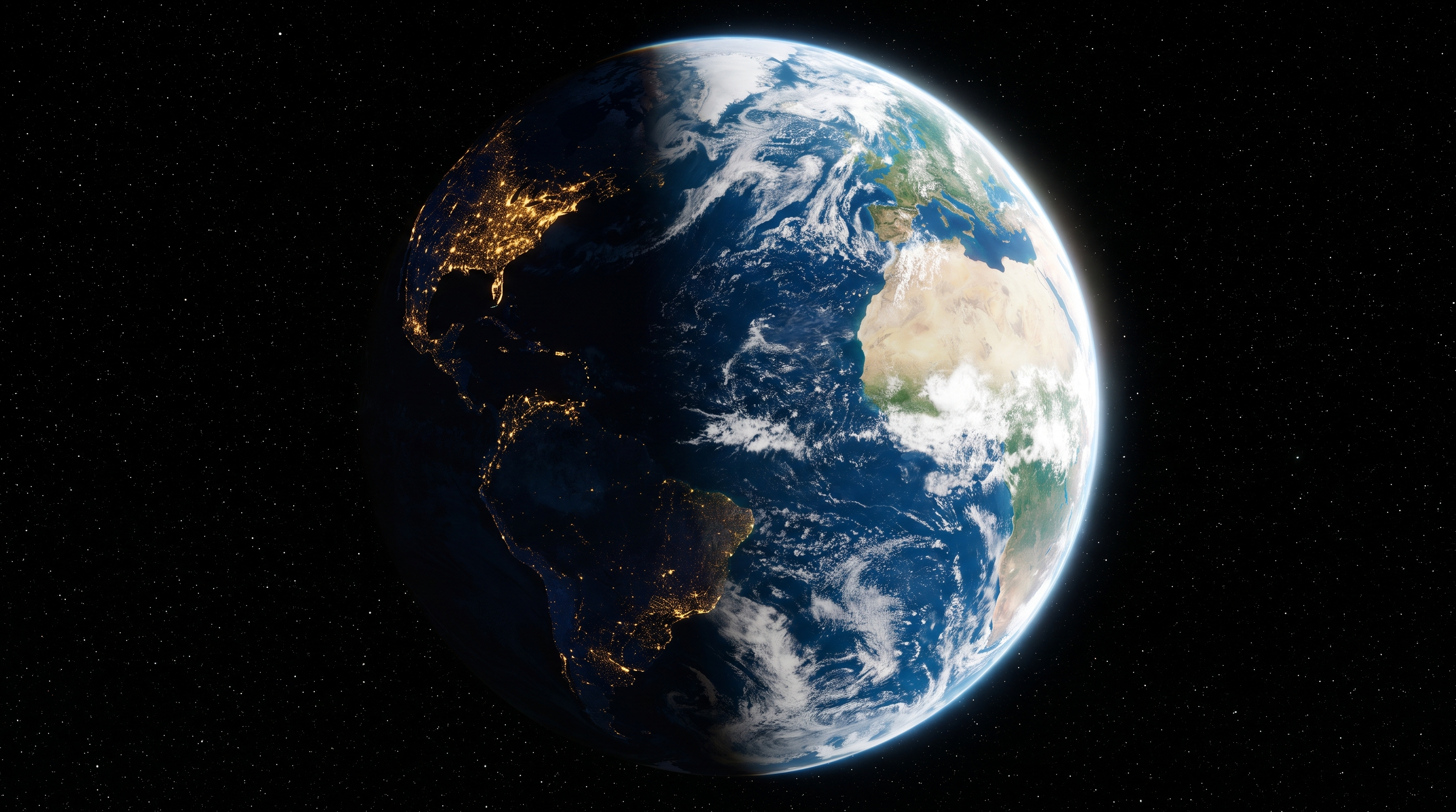 Photorealistic view of planet Earth from space with the day-night terminator line and city lights