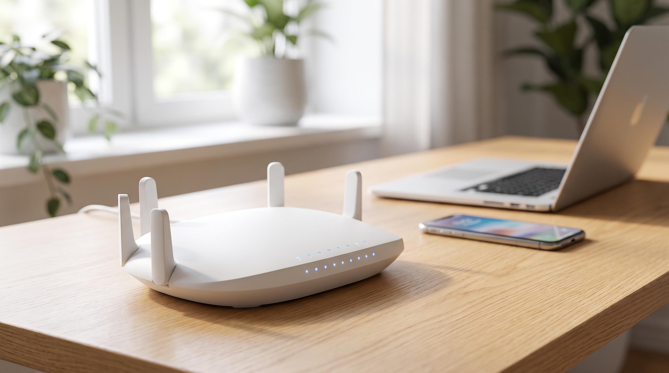 A home Wi-Fi router with indicator lights on a desk, with a laptop and phone nearby