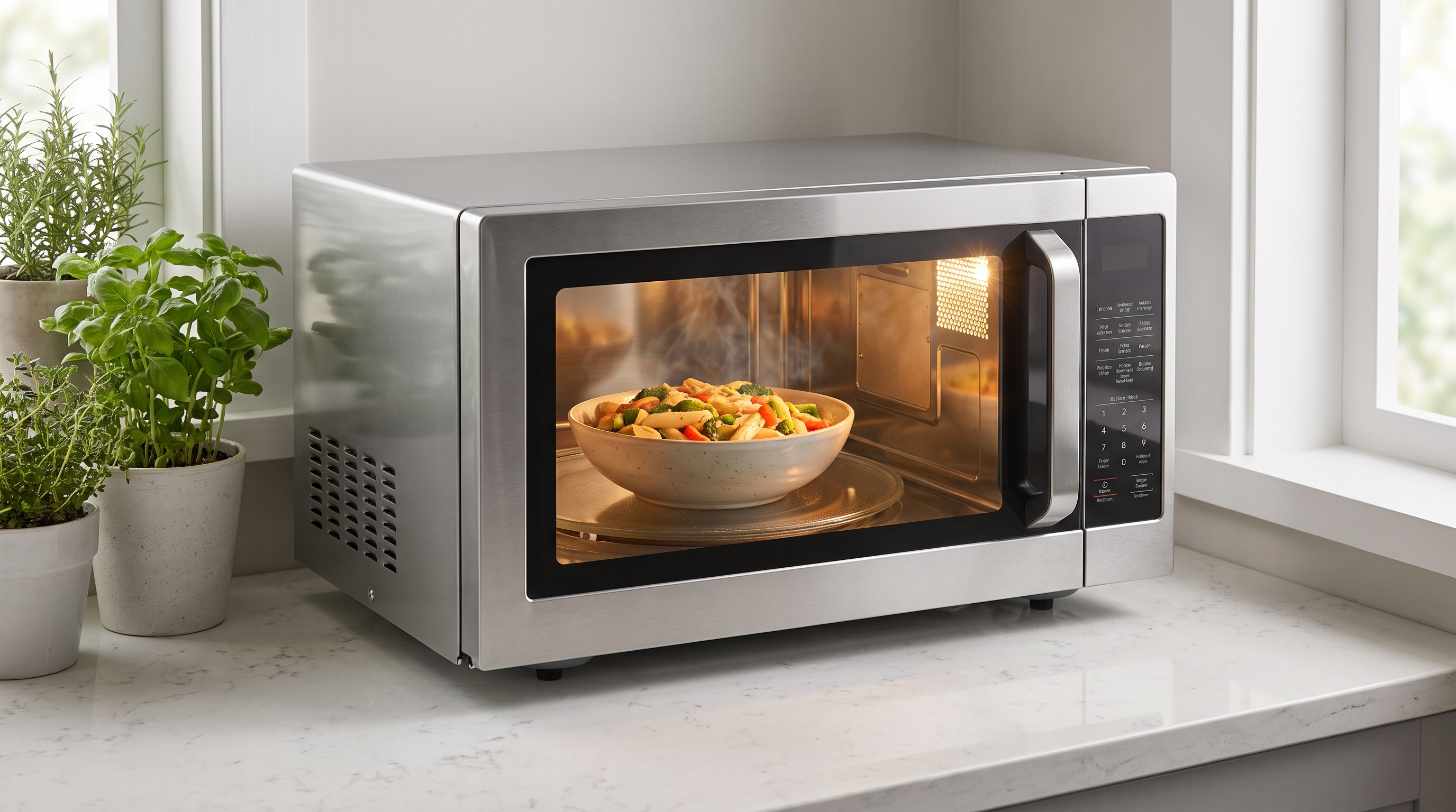 A modern microwave oven on a kitchen counter with a bowl of food inside, door closed