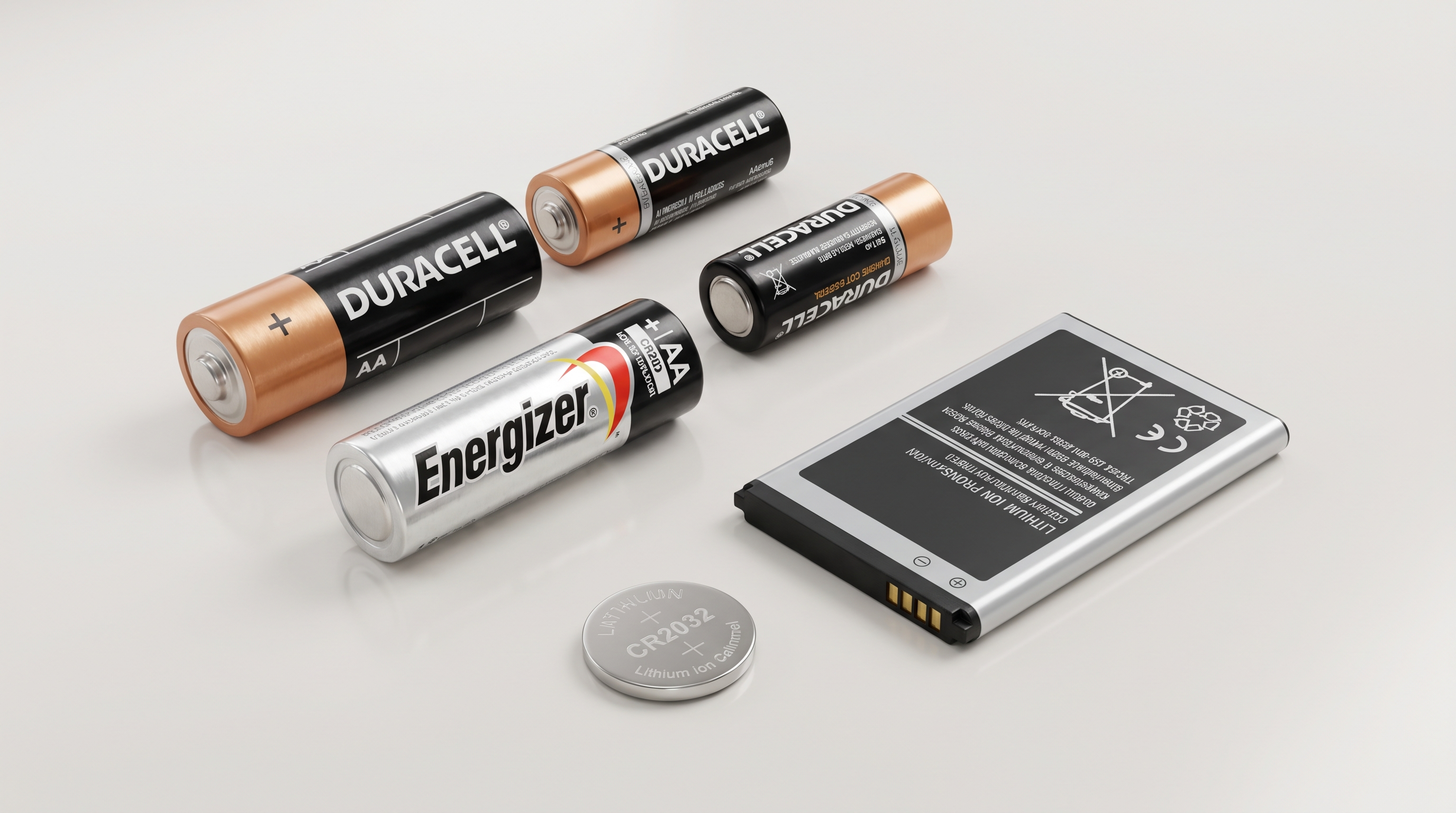 A set of batteries of different sizes on a clean surface, including a cylindrical cell and a phone battery
