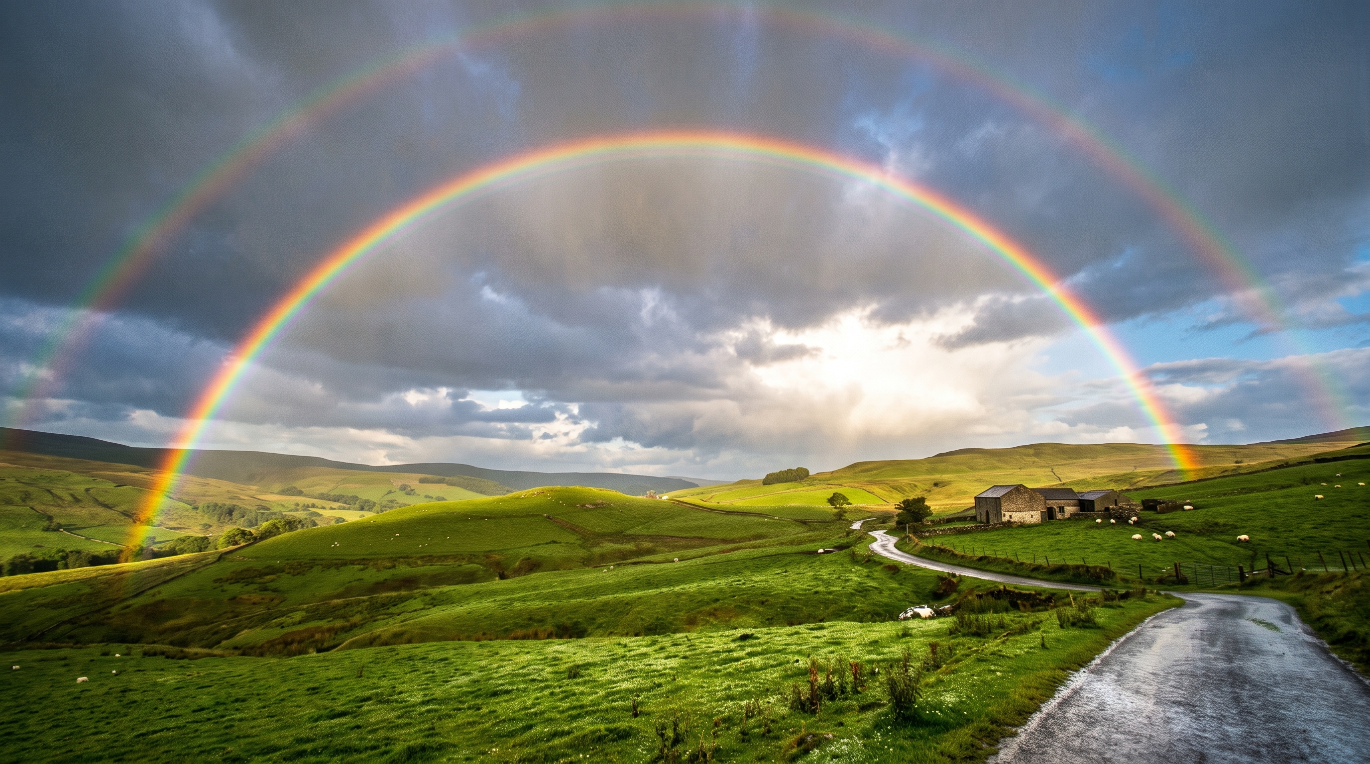 A vivid rainbow arcing across a sky over a green landscape after rain