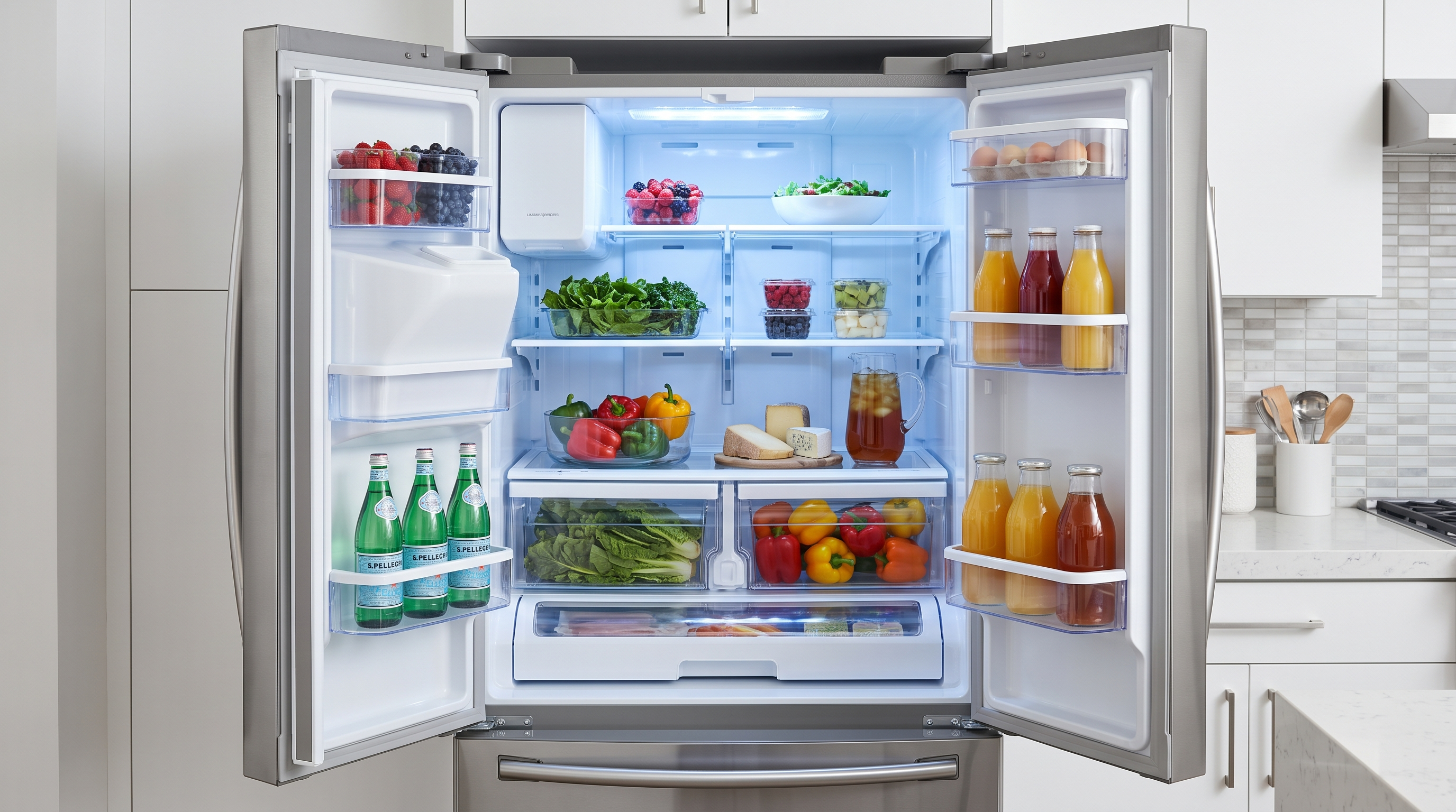 An open modern refrigerator filled with fresh food, softly lit interior