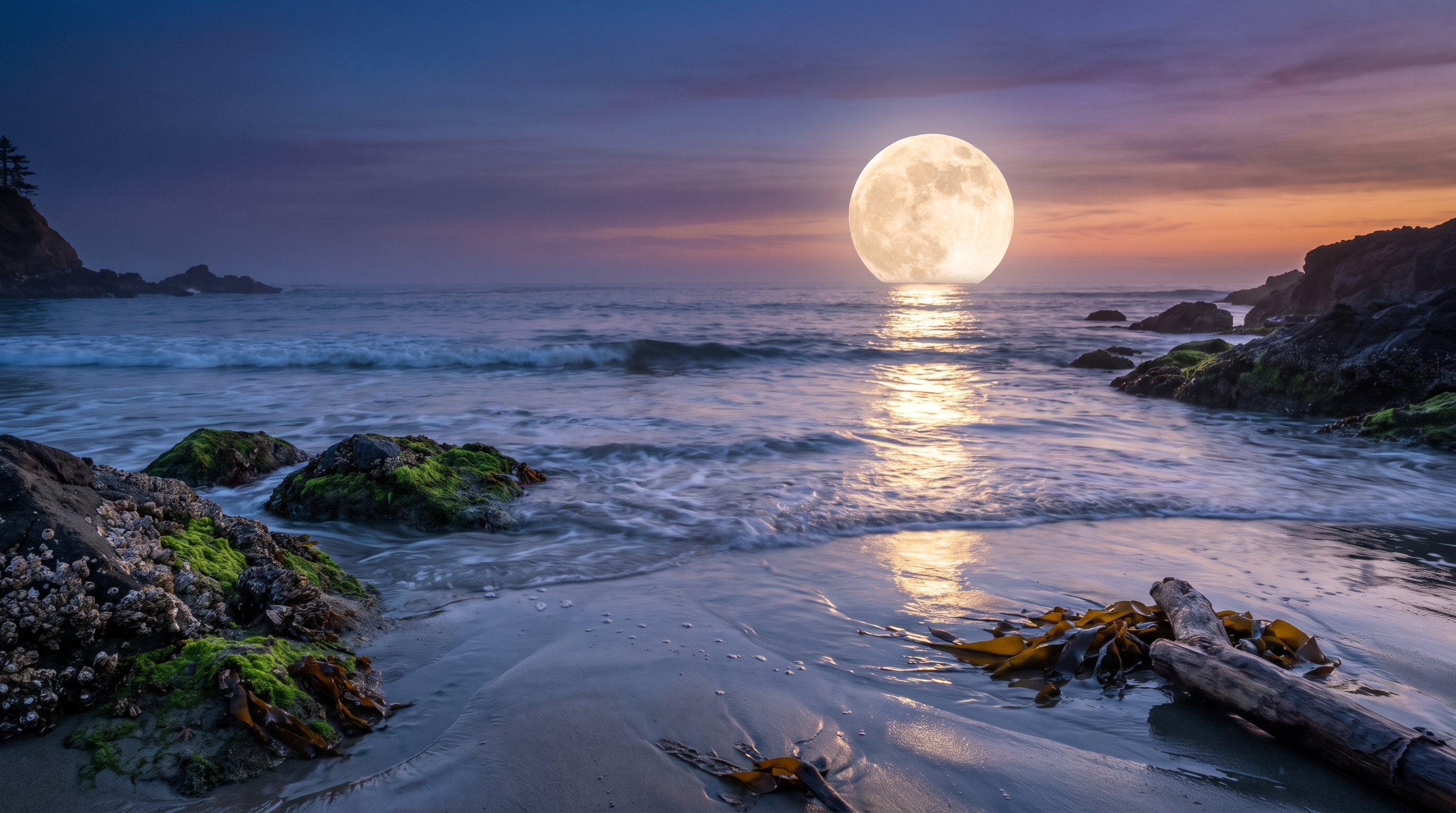 A coastline at high tide with the Moon visible in the sky above the sea