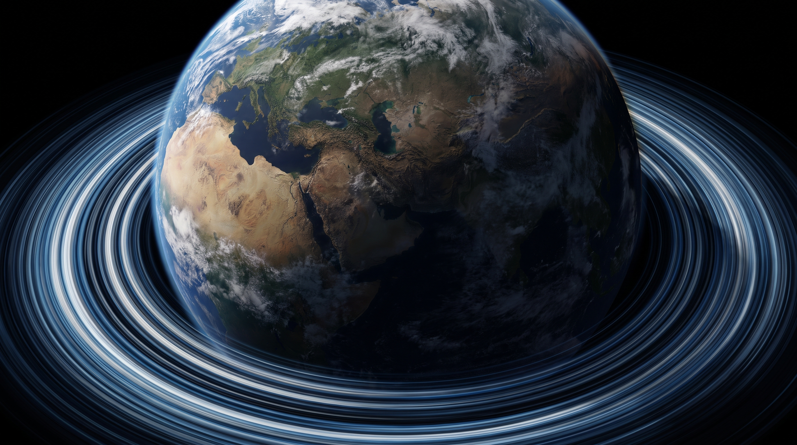 Planet Earth from space with storm clouds and motion trails suggesting a sudden halt in rotation