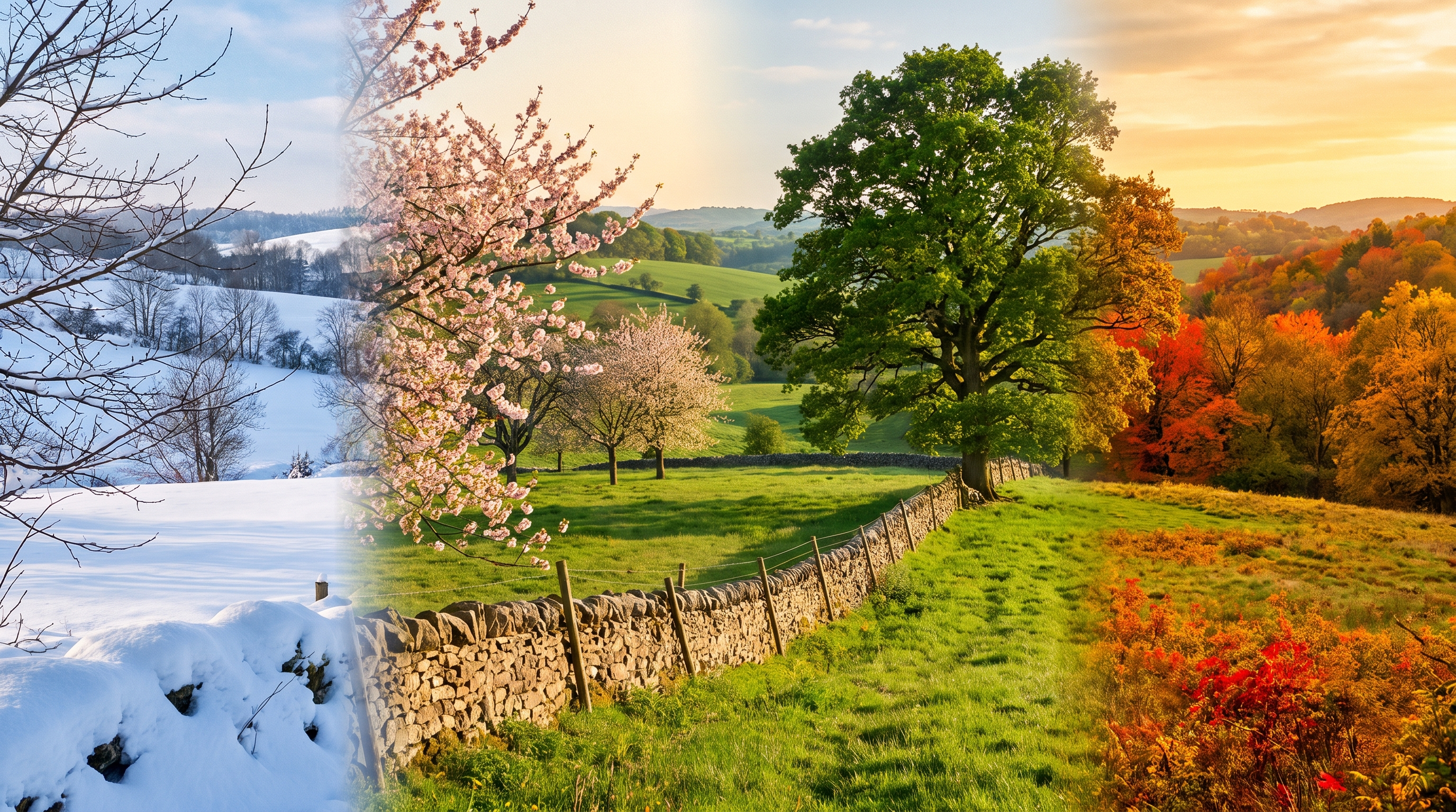 A countryside landscape blending from snowy winter through spring and summer into golden autumn around a single large tree