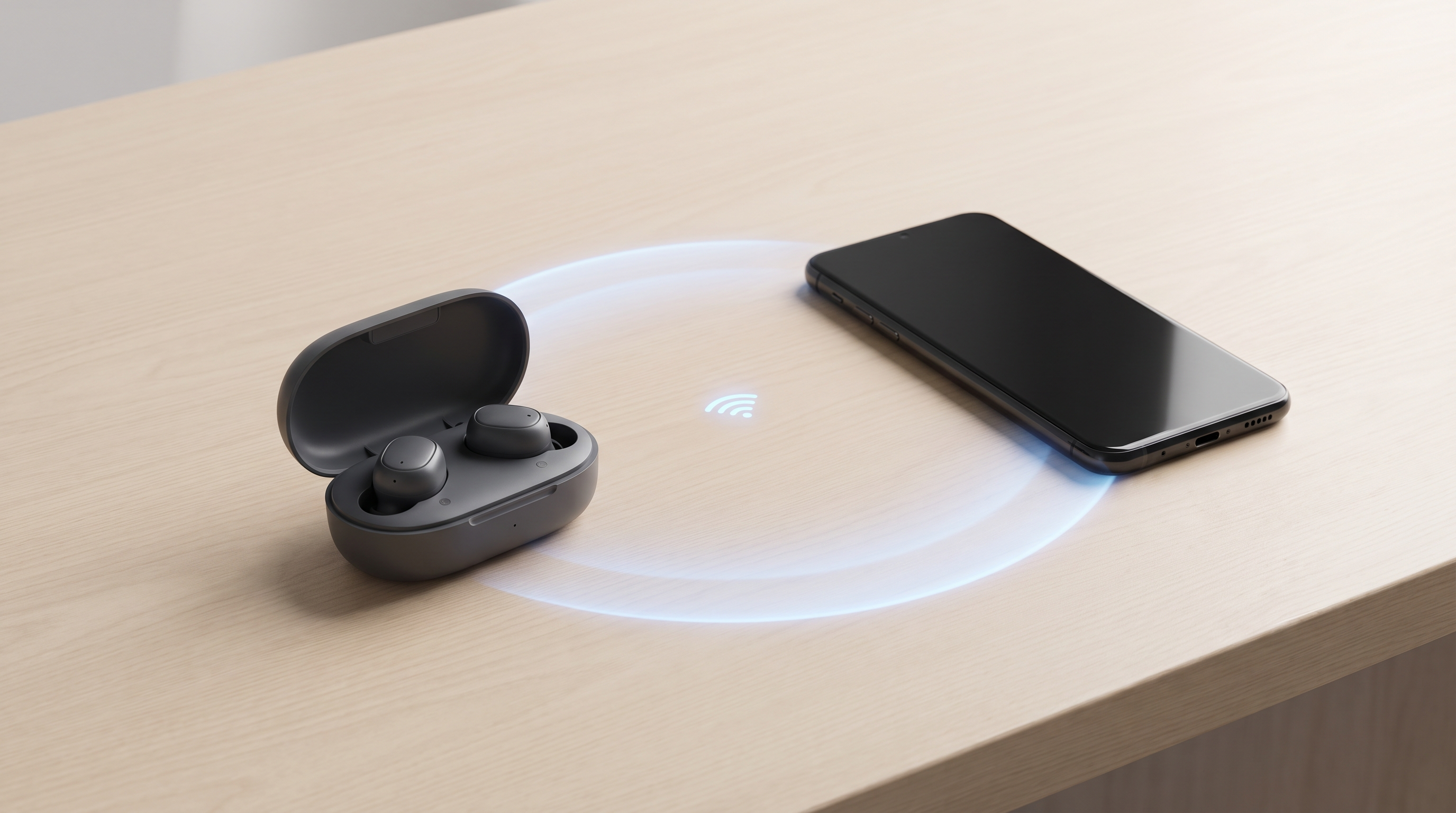 Wireless earbuds and a smartphone on a desk connected by a subtle glowing blue arc suggesting an invisible radio link