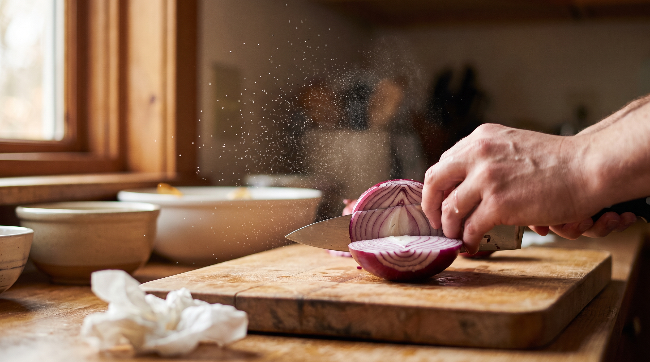 A knife slicing a halved onion on a wooden cutting board with a fine mist of droplets rising into soft window light