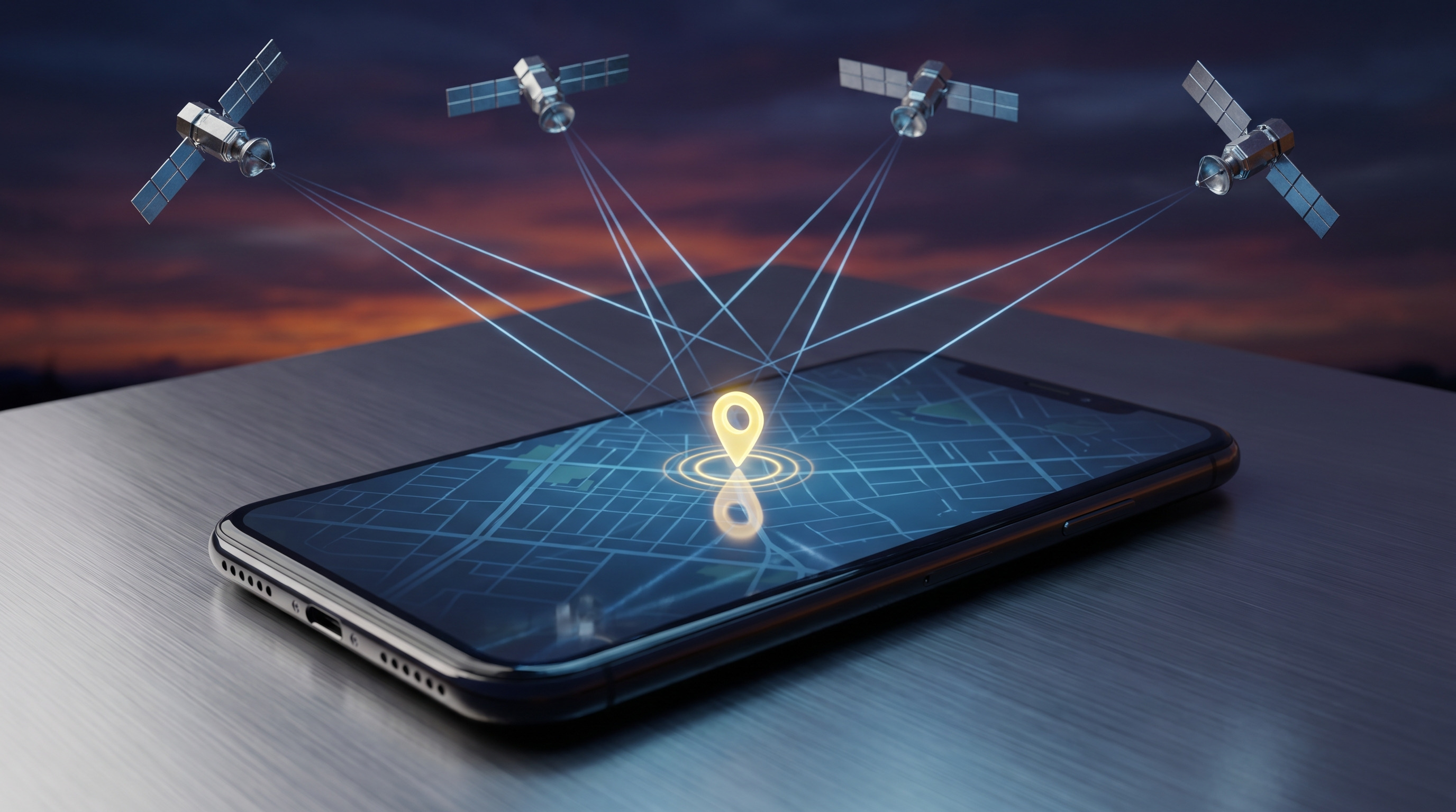 A smartphone showing a map with a location pin while four satellites overhead beam signal lines down to it