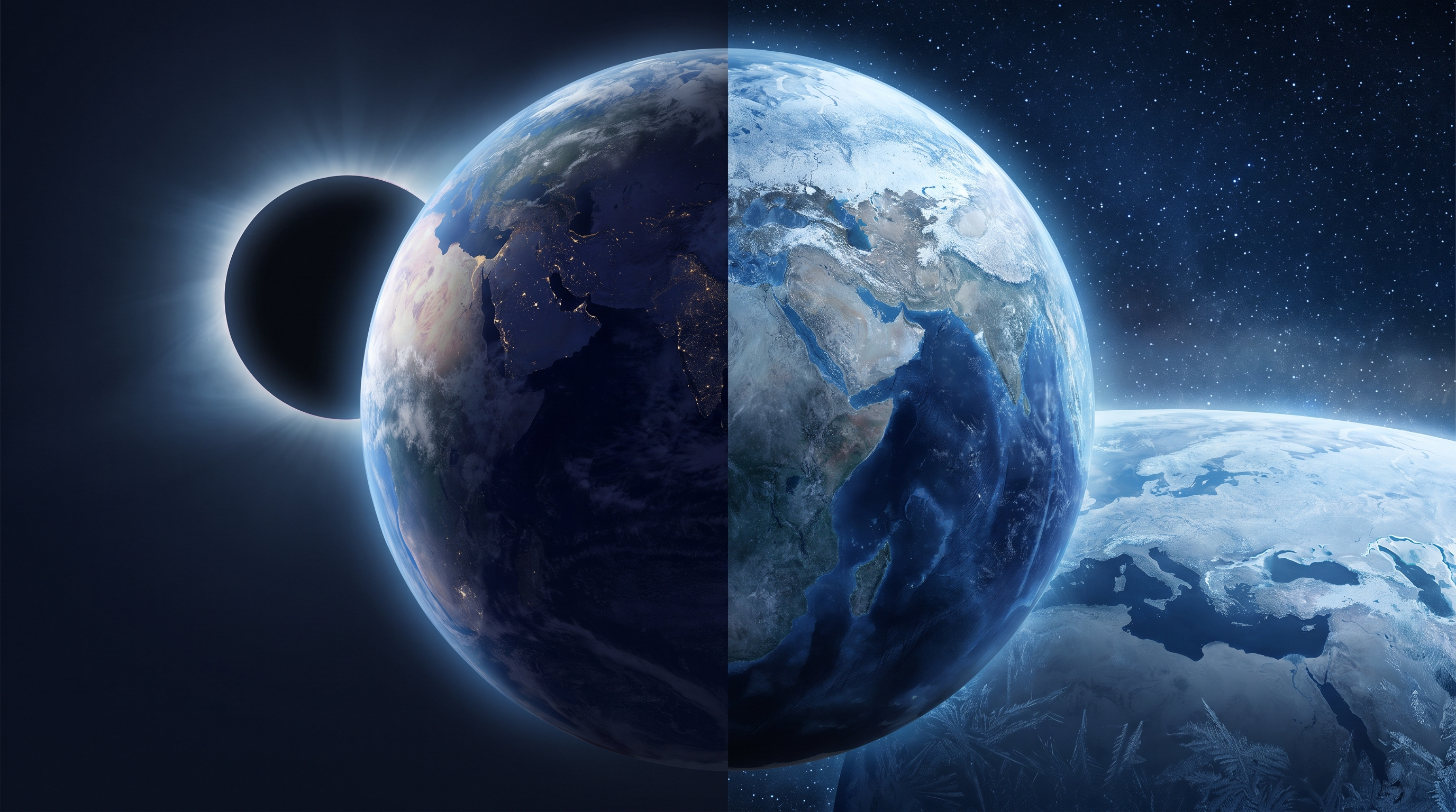 Earth falling into shadow with the Sun gone dark, faint starlight and ice forming across the oceans