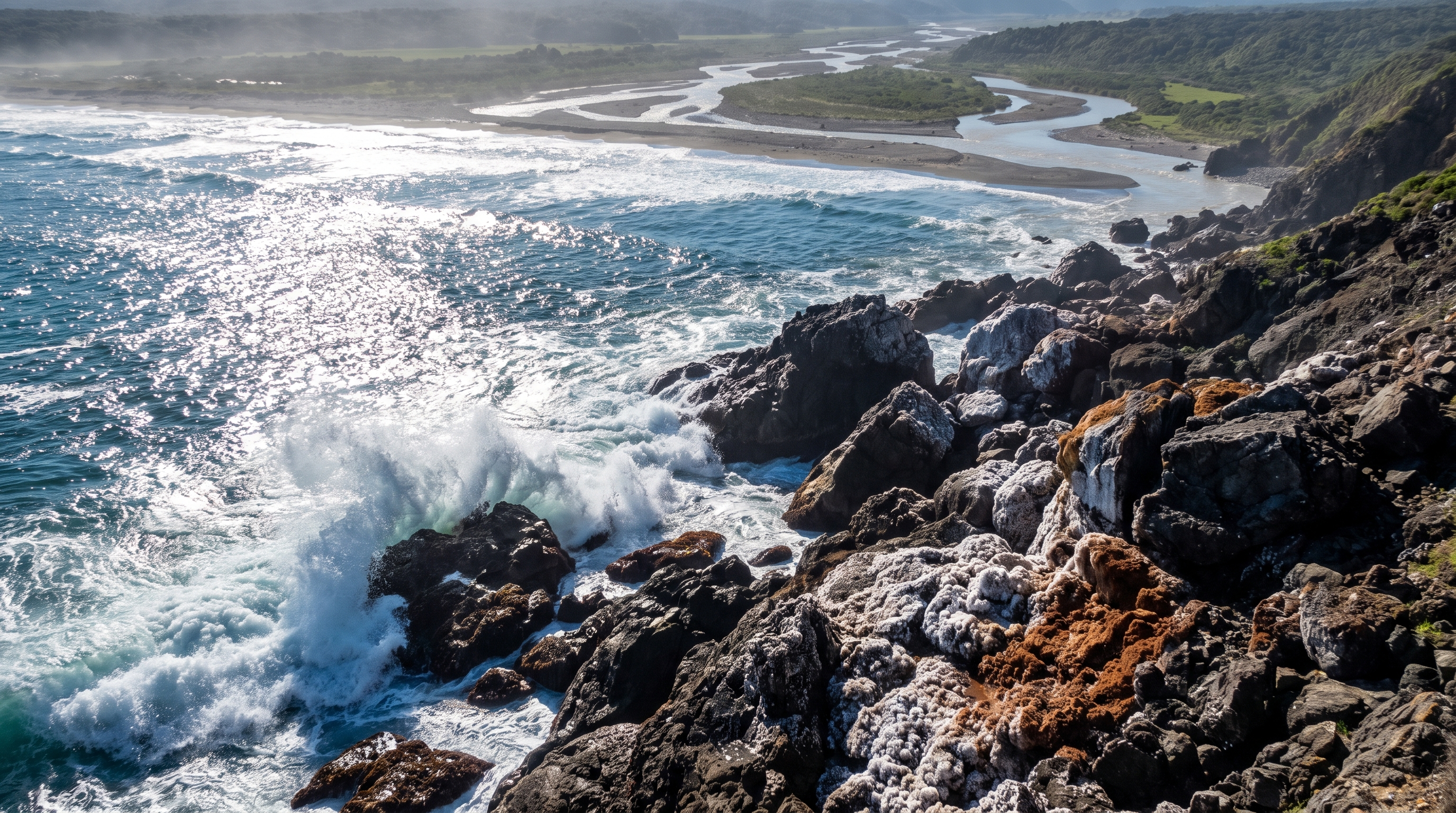 Ocean waves meeting a rocky coastline with visible salt and mineral deposits sparkling in sunlight