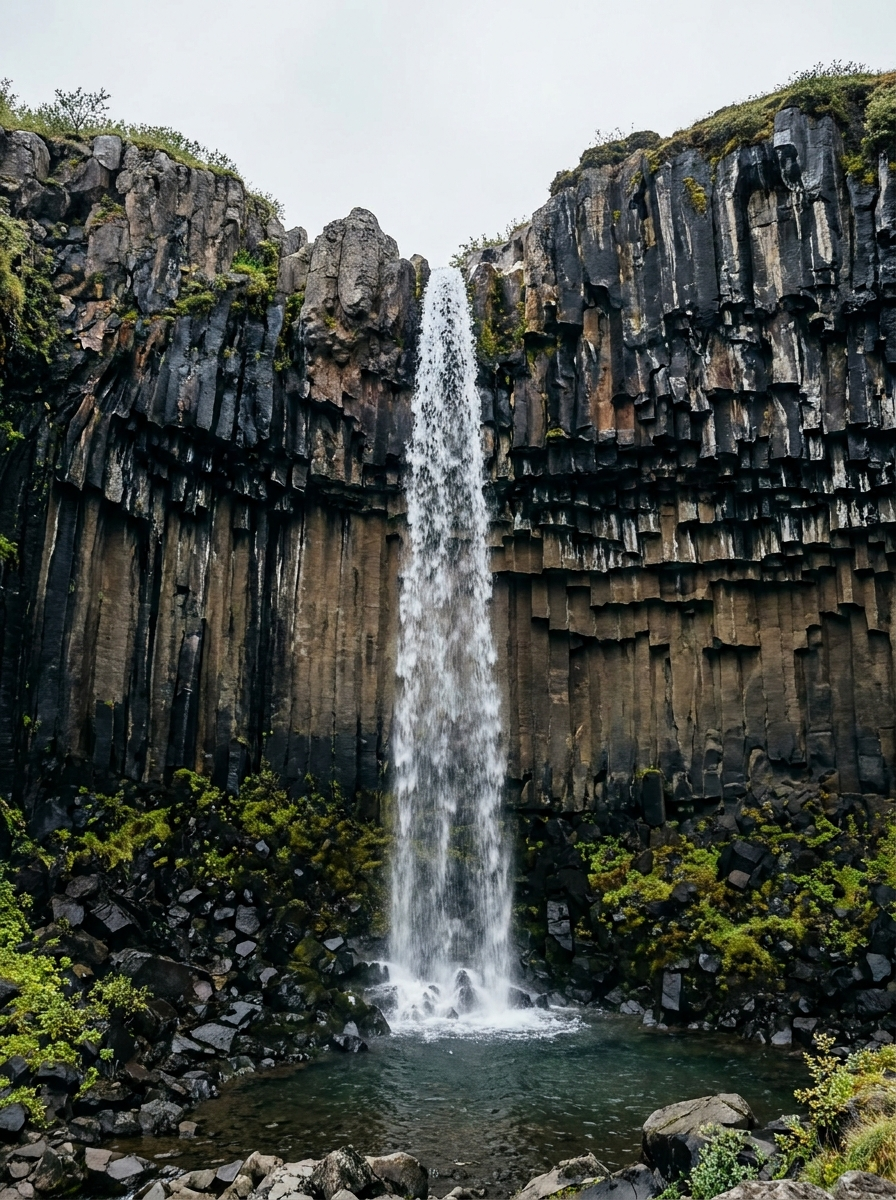 AI-created editorial illustration of Svartifoss waterfall falling over dark hexagonal basalt columns in Skaftafell, Iceland