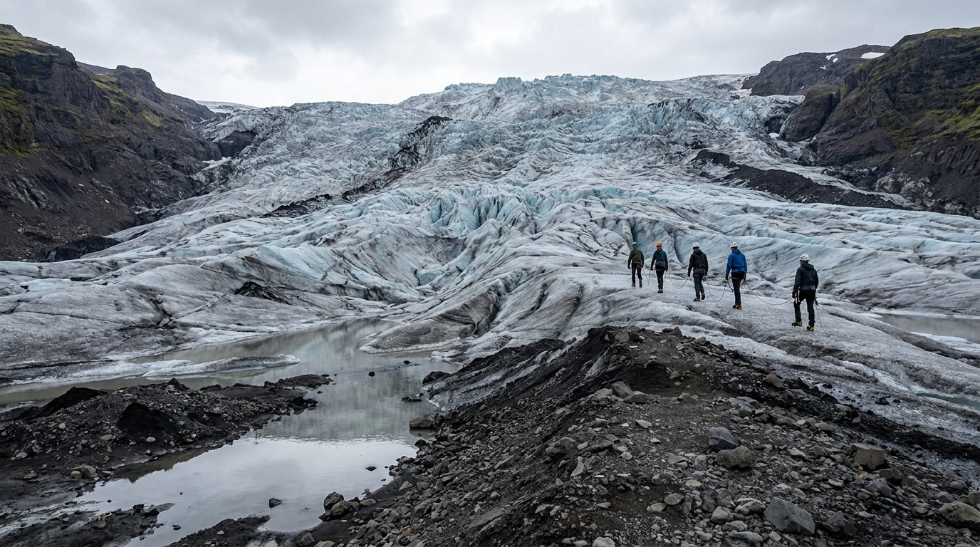 AI-created editorial illustration of the Skaftafellsjokull glacier tongue with a small roped group of hikers in helmets and crampons for scale