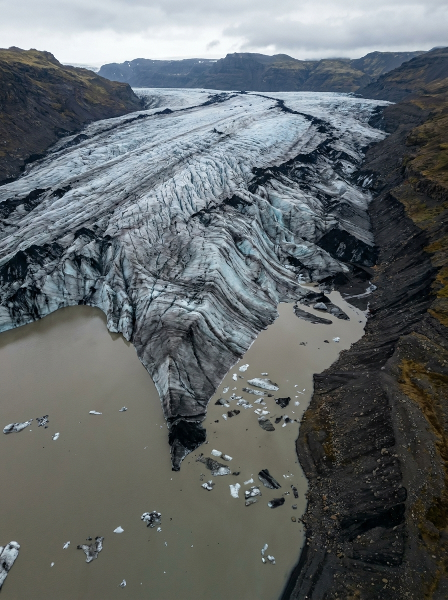 AI-created editorial illustration of the ash-streaked snout of Sólheimajökull glacier descending into a meltwater lagoon, Iceland