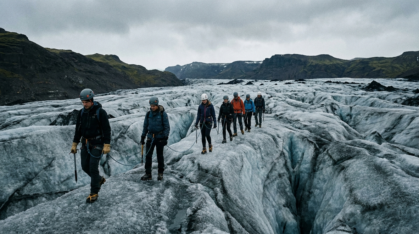 AI-created editorial illustration of a small roped group in helmets and crampons walking across the ash-streaked surface of Sólheimajökull glacier