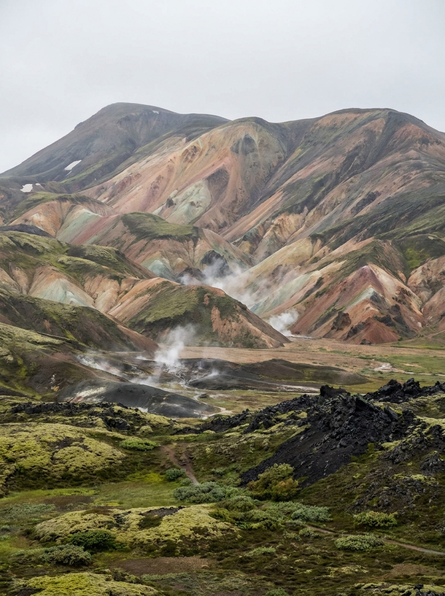 AI-created editorial illustration of the coloured rhyolite mountains of Landmannalaugar in the Icelandic Highlands, streaked ochre, pink and green