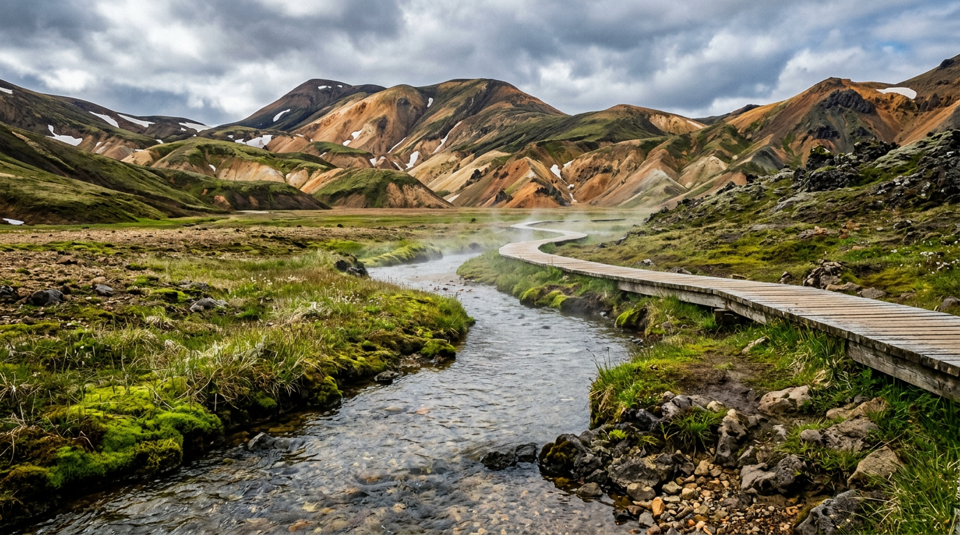 AI-created editorial illustration of the natural warm bathing stream at Landmannalaugar winding through moss beneath colourful rhyolite hills