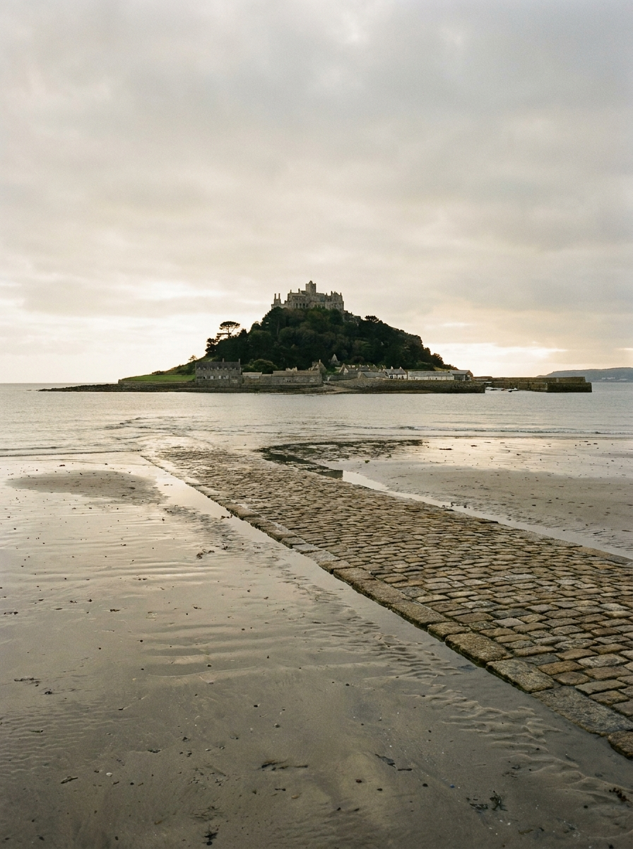AI-created editorial illustration of St Michael's Mount, Cornwall, a castle-topped tidal island with the stone causeway revealed at low tide