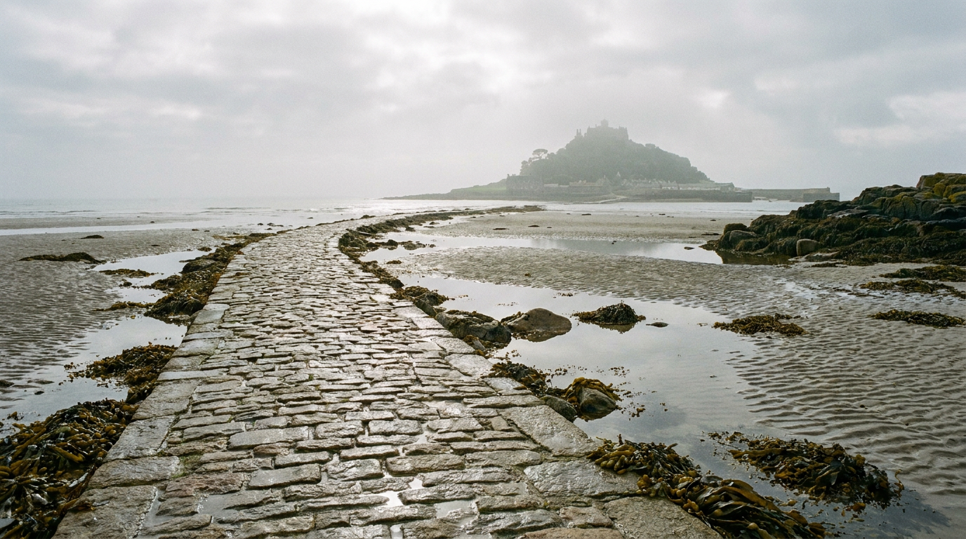 AI-created editorial illustration of the cobbled granite causeway to St Michael's Mount at low tide, crossing wet rippled sand toward the island