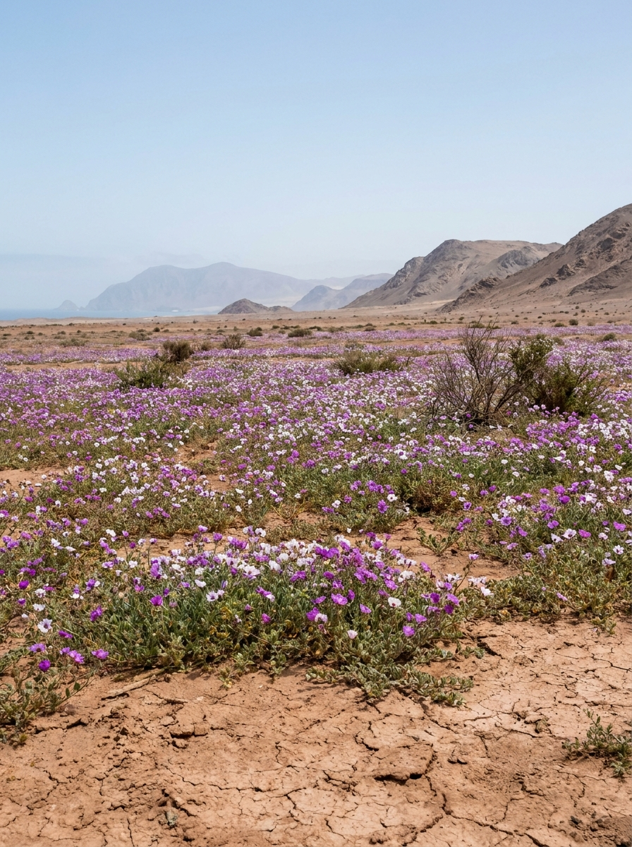 AI-created editorial illustration of the Atacama desierto florido, a desert plain carpeted with purple and white wildflowers below dry hills, Chile