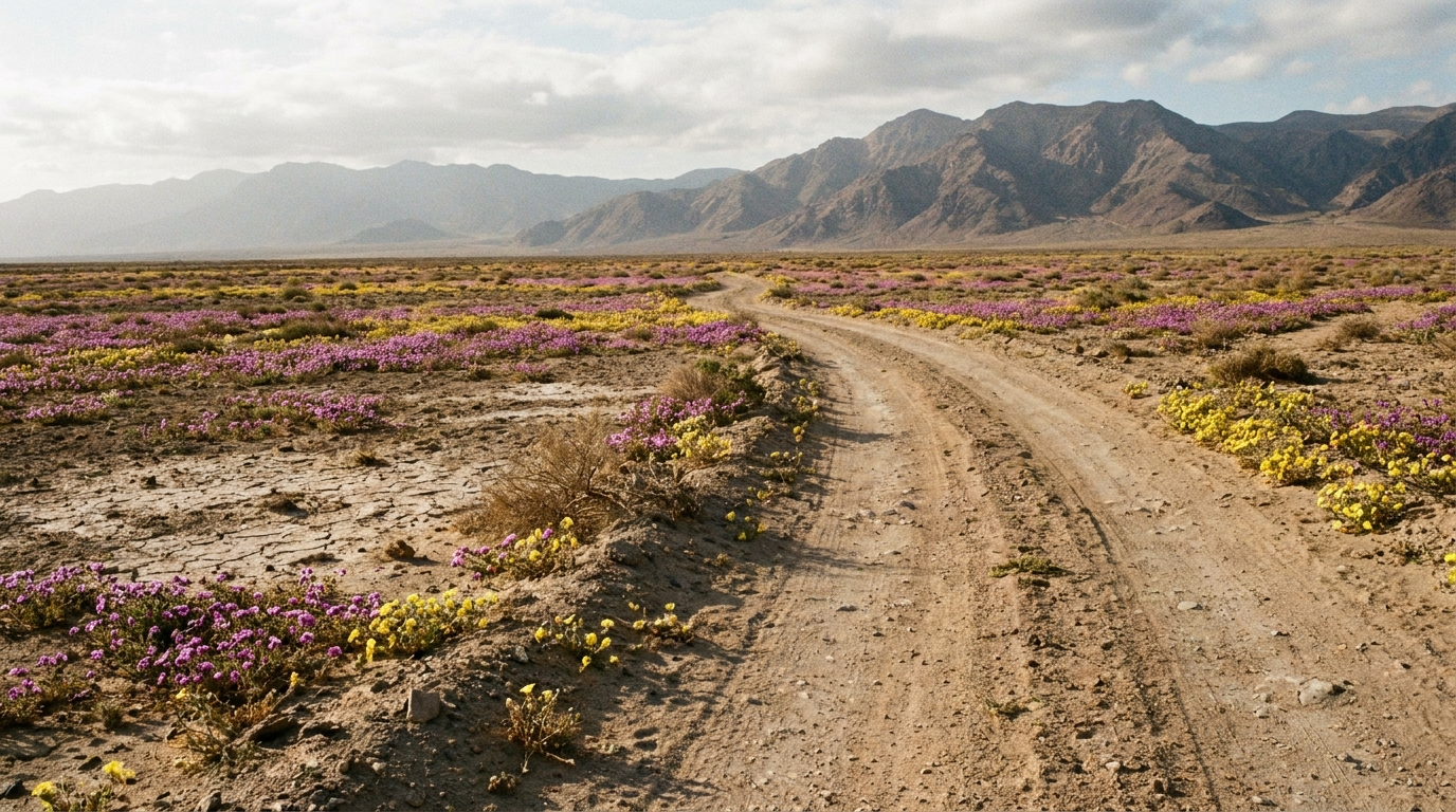 AI-created editorial illustration of a dirt track through the flowering Atacama desert, purple and yellow blooms among bare sand, Chile