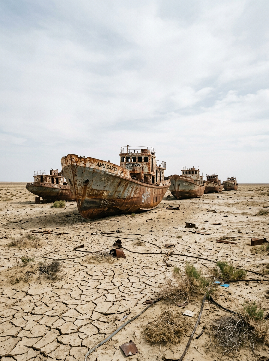 AI-created editorial illustration of rusting fishing ships stranded on dry cracked seabed at Moynaq, the Aral Sea ship graveyard, Uzbekistan
