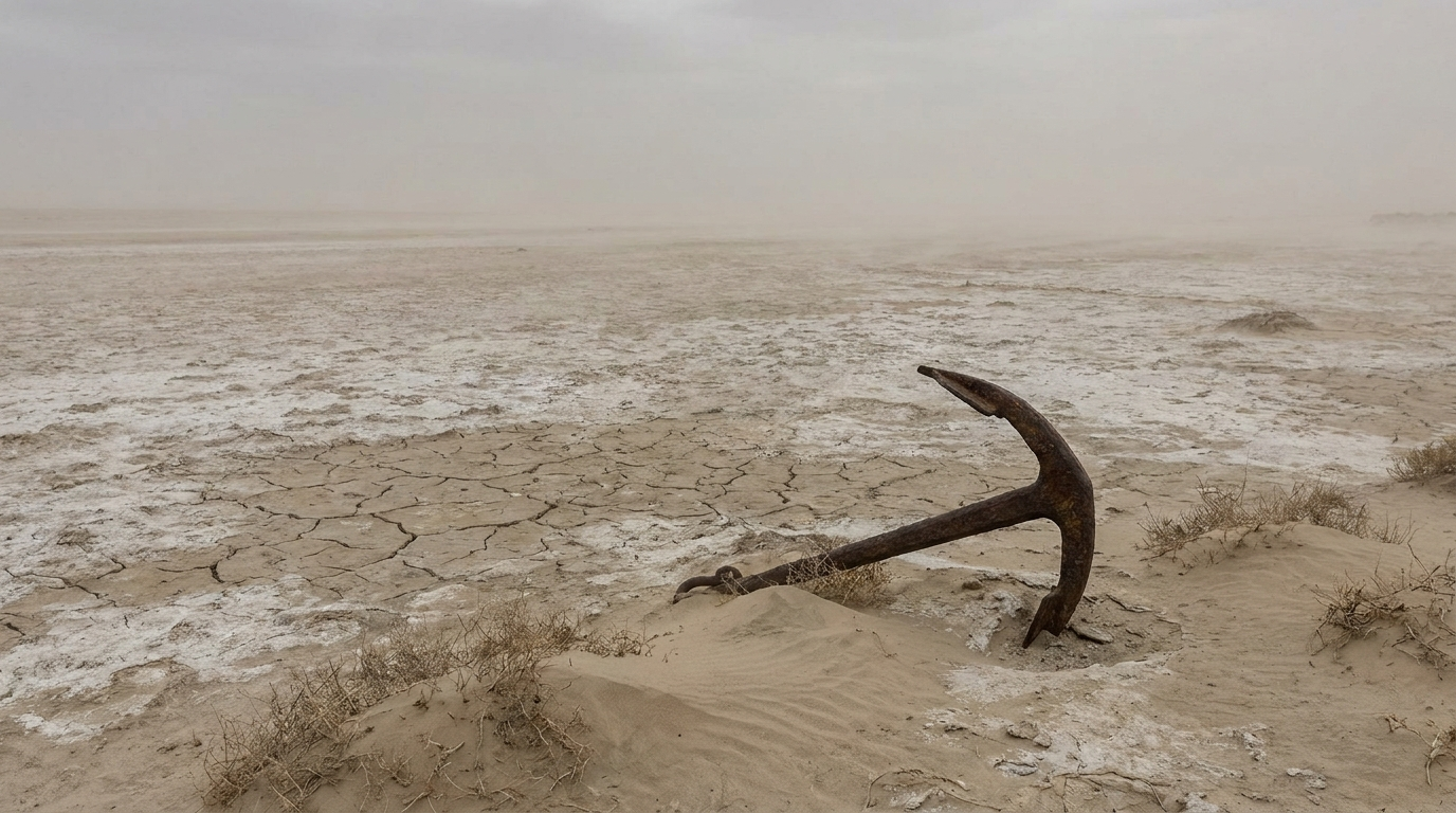 AI-created editorial illustration of the Aralkum desert, the salt-crusted dried seabed of the Aral Sea stretching to the horizon