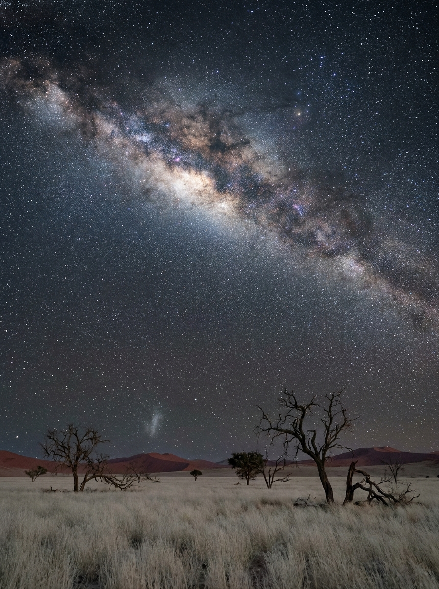 AI-created editorial illustration of the southern Milky Way over the dark grass plains of the NamibRand Nature Reserve, Namibia