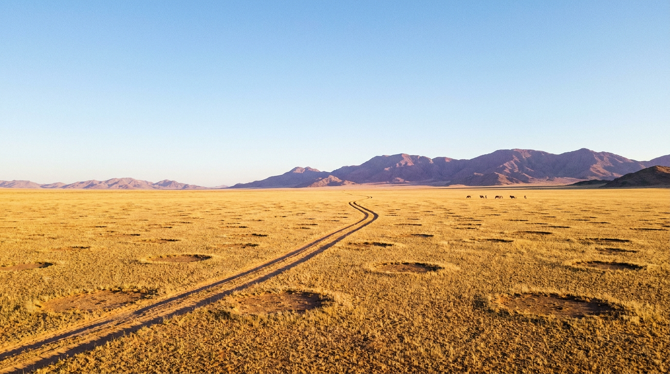 AI-created editorial illustration of fairy circles across the golden grassland of the NamibRand Nature Reserve with the Nubib mountains behind