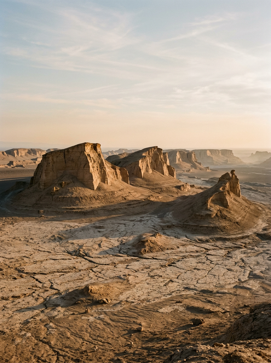 AI-created editorial illustration of the great wind-carved kaluts of the Lut Desert near Shahdad, Iran, at dawn