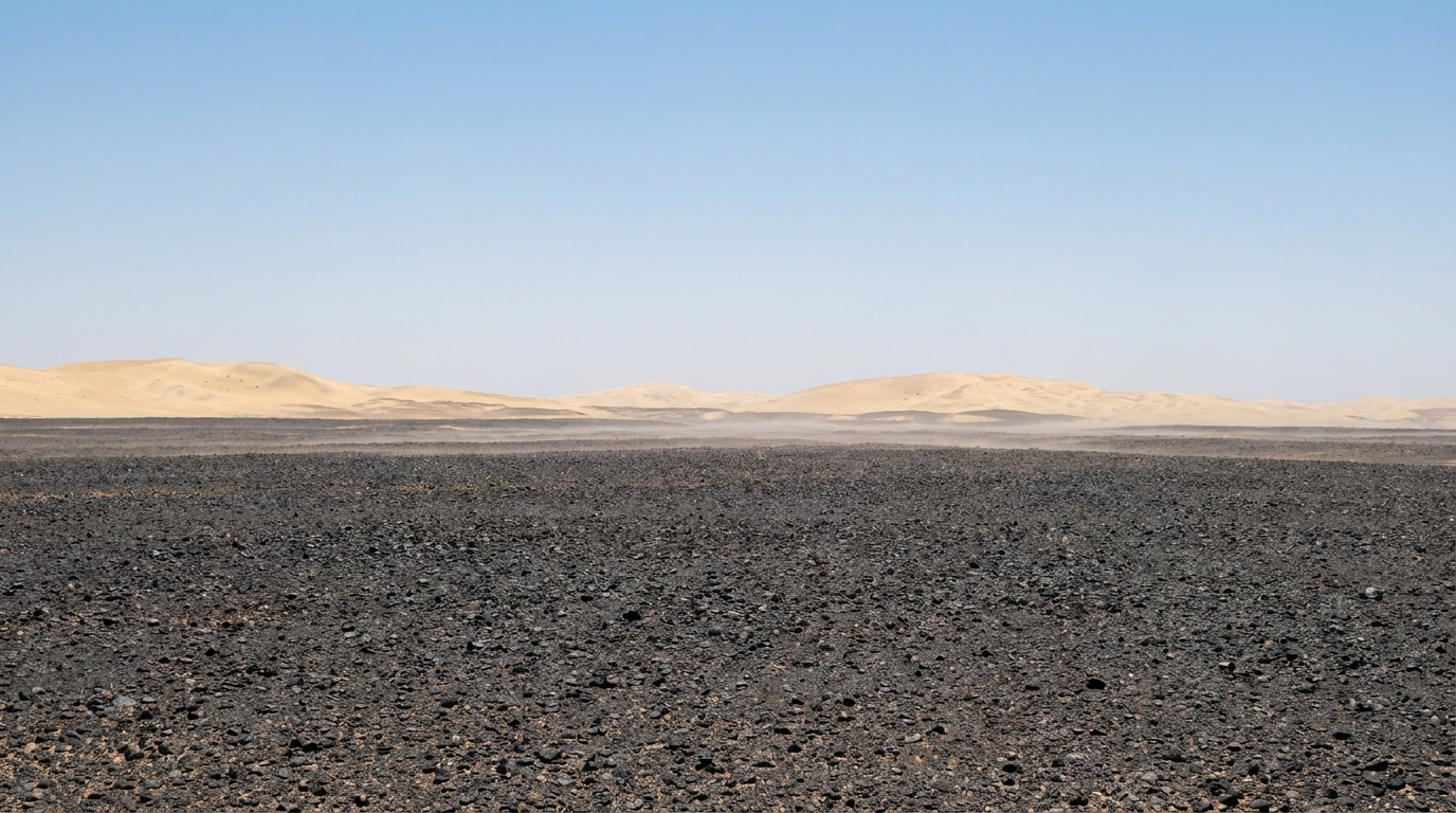 AI-created editorial illustration of the dark gravel plateau of the Lut Desert under intense midday heat haze