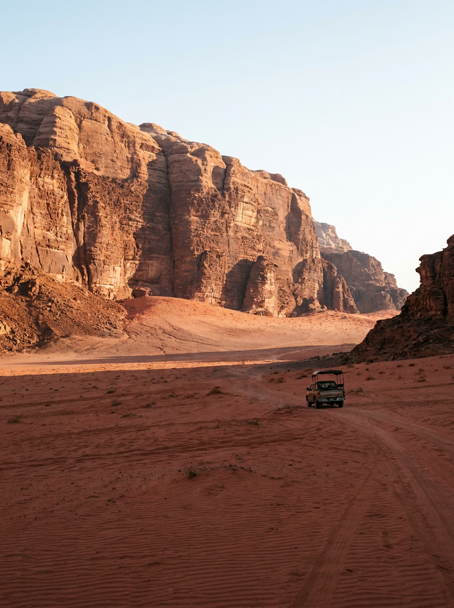 AI-created editorial illustration of red sandstone cliffs and a sand valley floor in Wadi Rum Protected Area, Jordan