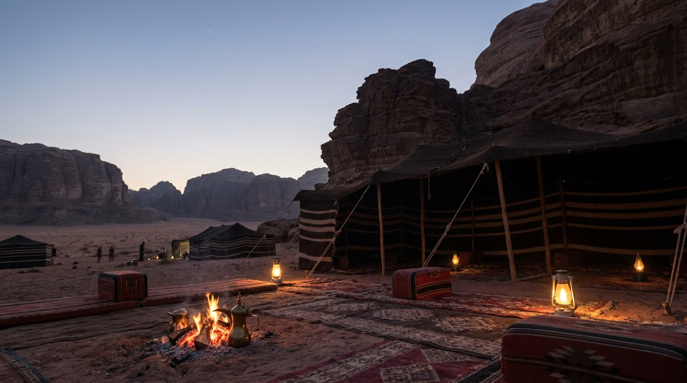 AI-created editorial illustration of a Bedouin tent camp at dusk beneath darkening sandstone massifs in Wadi Rum