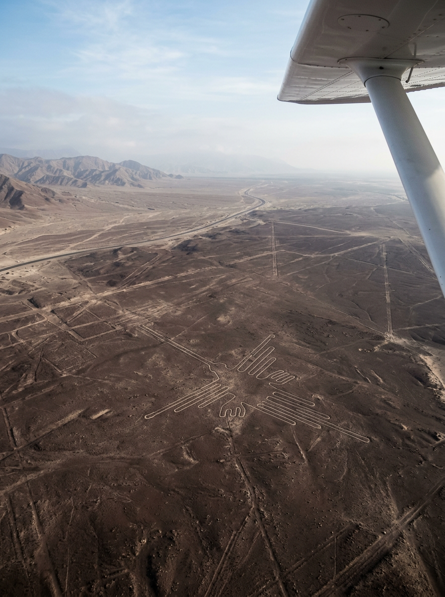 AI-created editorial illustration of the hummingbird geoglyph on the Nazca pampa seen from a light aircraft window