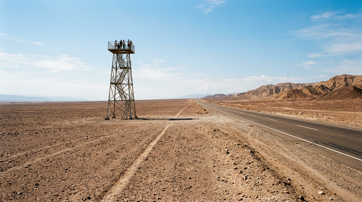 AI-created editorial illustration of the observation tower beside the Pan-American Highway on the Nazca pampa