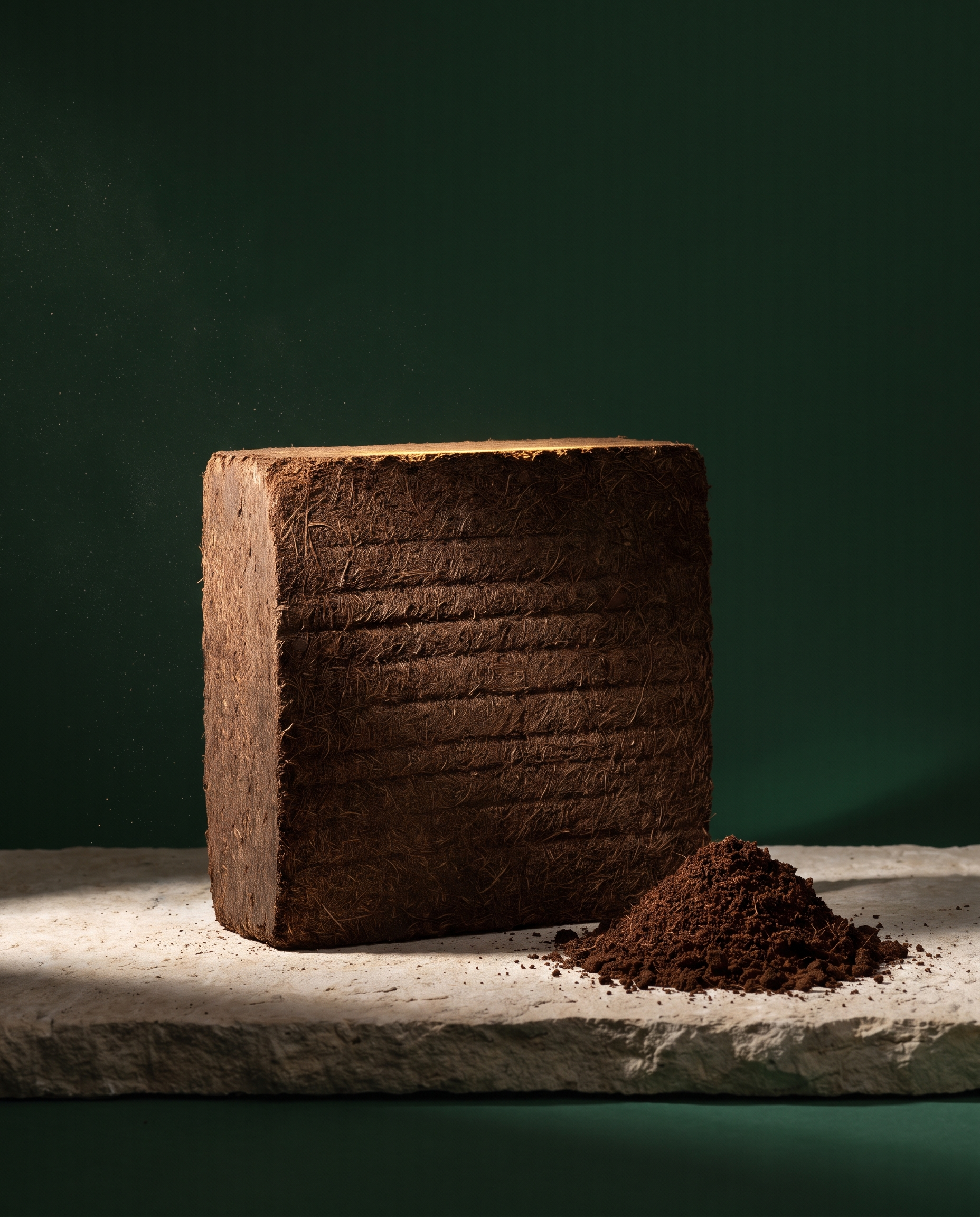 A compressed coco peat block, studio lit against a dark background
