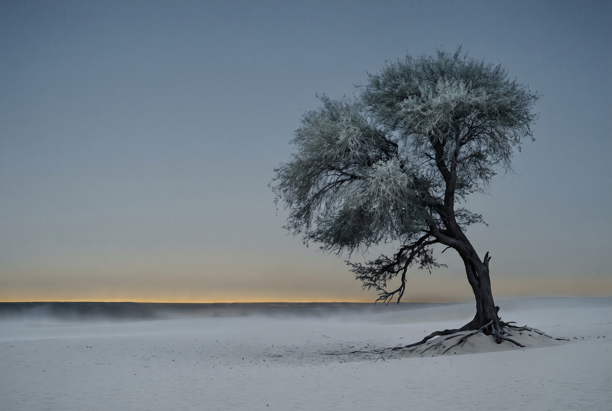 A single mature ghaf tree standing alone on pale desert sand