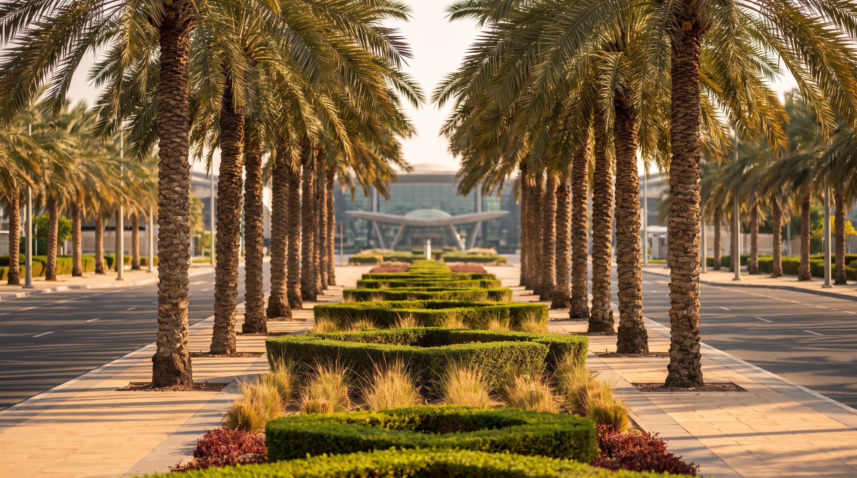 A mature date palm avenue forming the central divider of a broad approach road