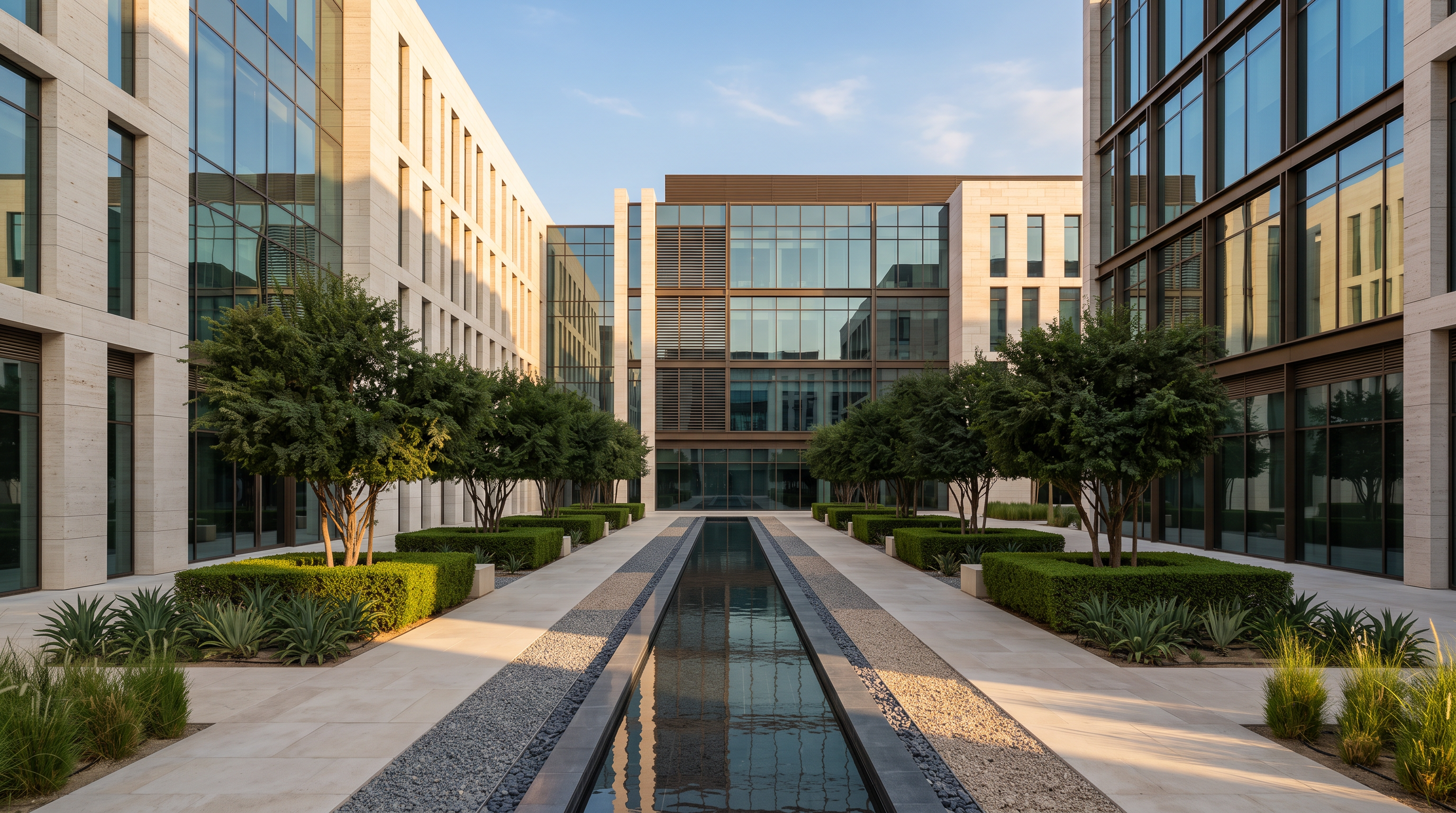 A contemporary Gulf corporate campus courtyard