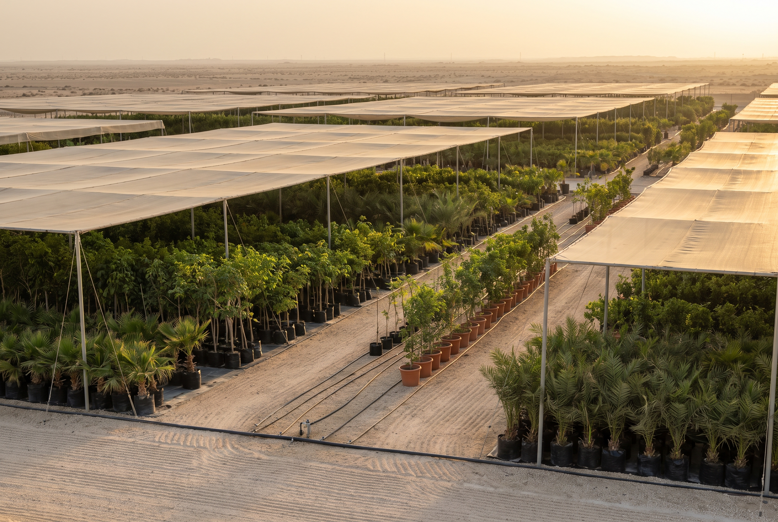 A vast professional plant nursery in the Gulf at golden hour