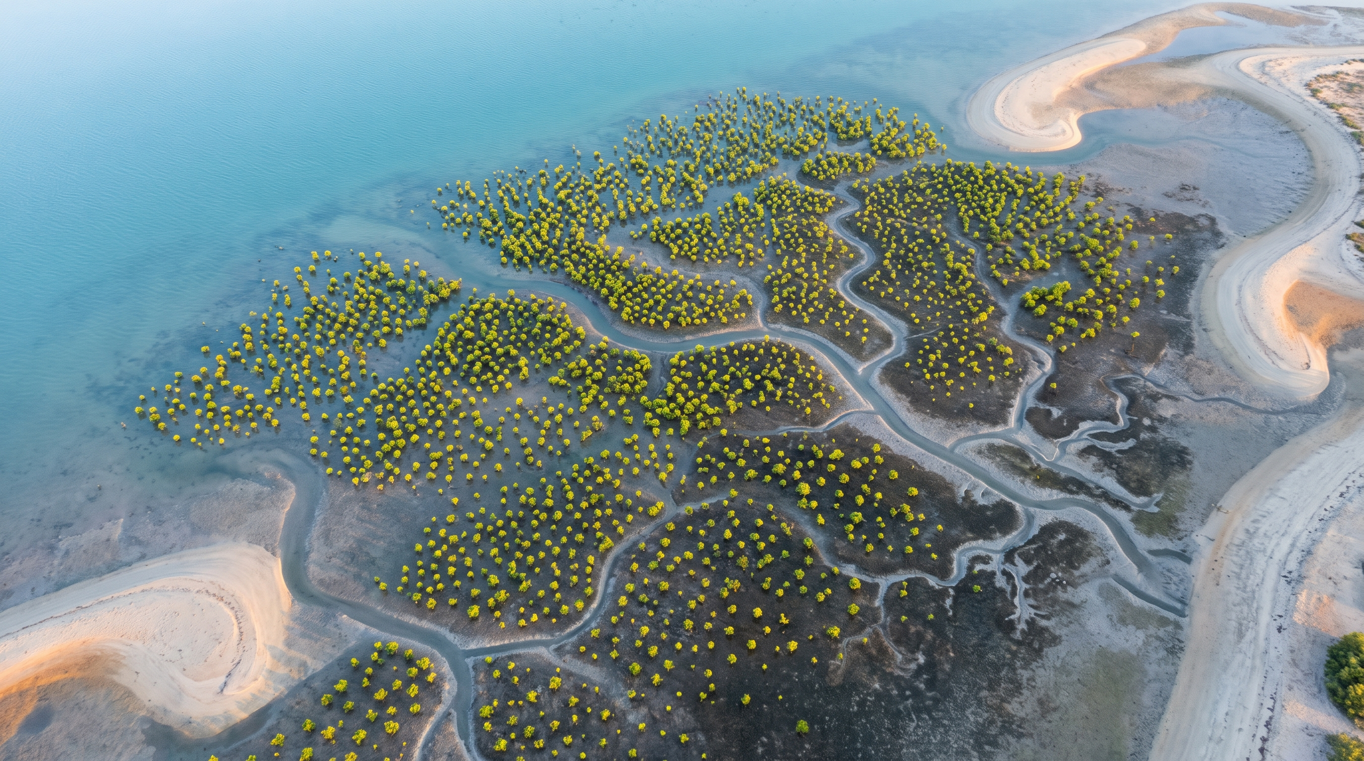Aerial view of a young mangrove restoration plantation
