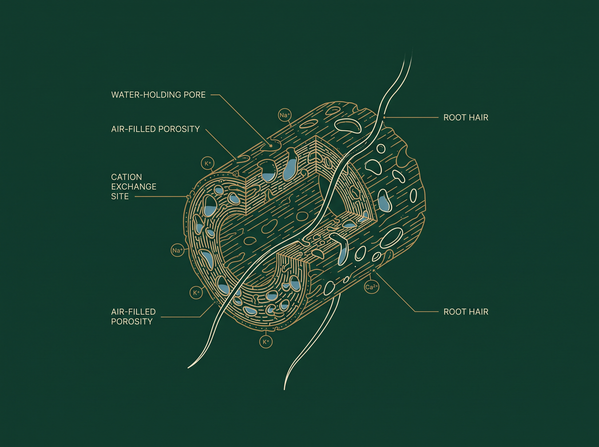 Scientific infographic plate drawn in brass-gold line on deep forest green