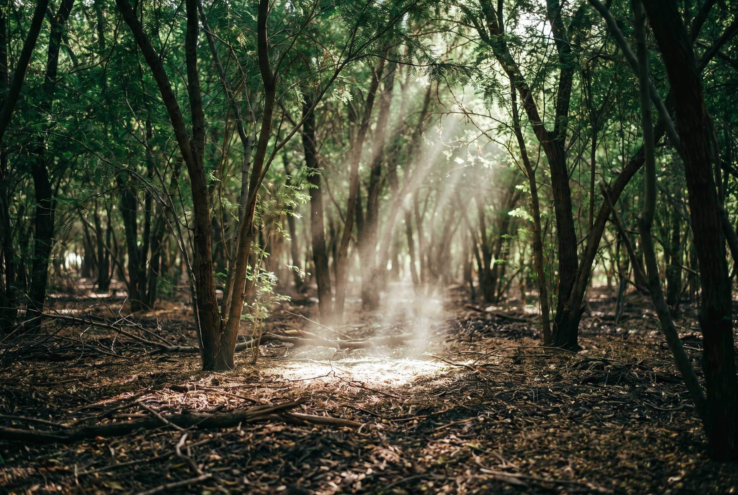 Inside a dense young native forest in an arid climate, three years after planting